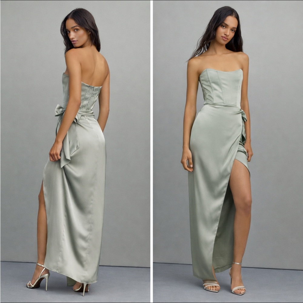 V Chapman June‎ Corset Strapless Front Slit Gown Maxi Green Sage Size 4 FLAWED